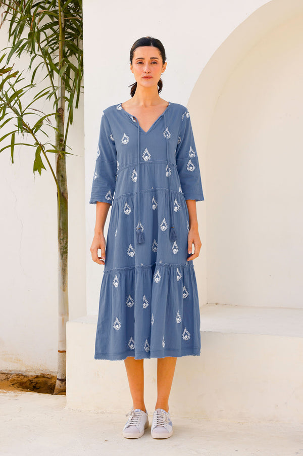 Willow Embroidered Dress | Buta Blue Grey/White