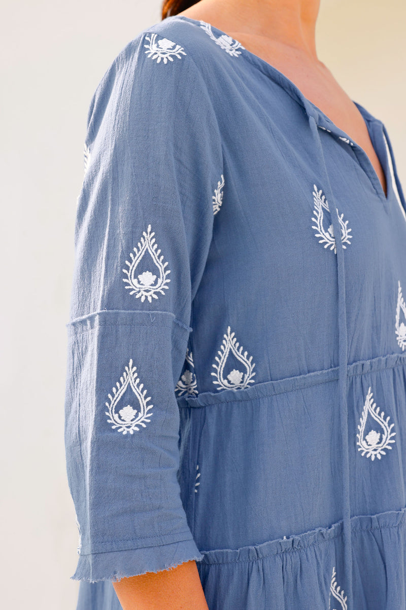 Willow Embroidered Dress | Buta Blue Grey/White