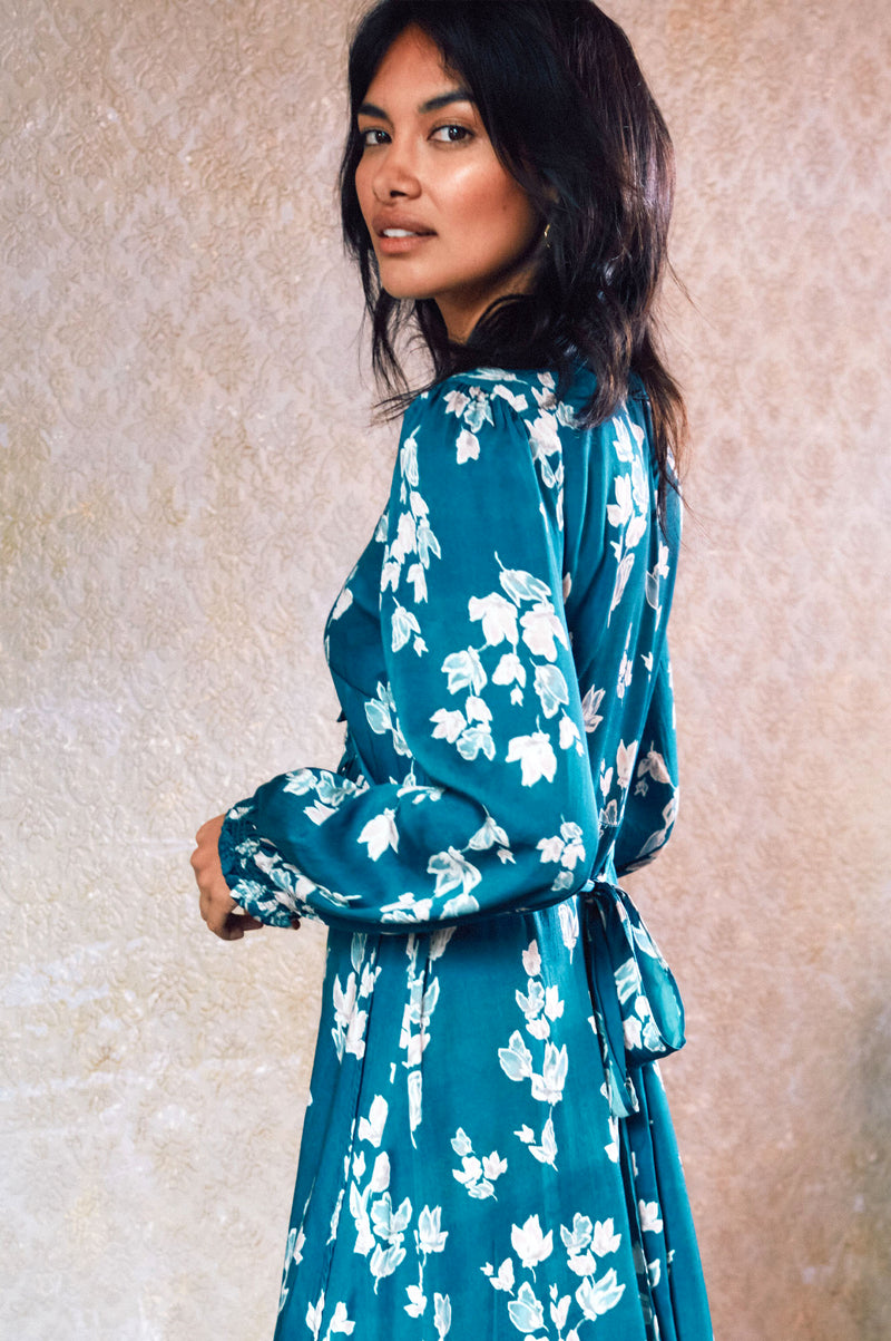 Ana TENCEL™ Satin Wrap Dress | Falling Leaves Teal