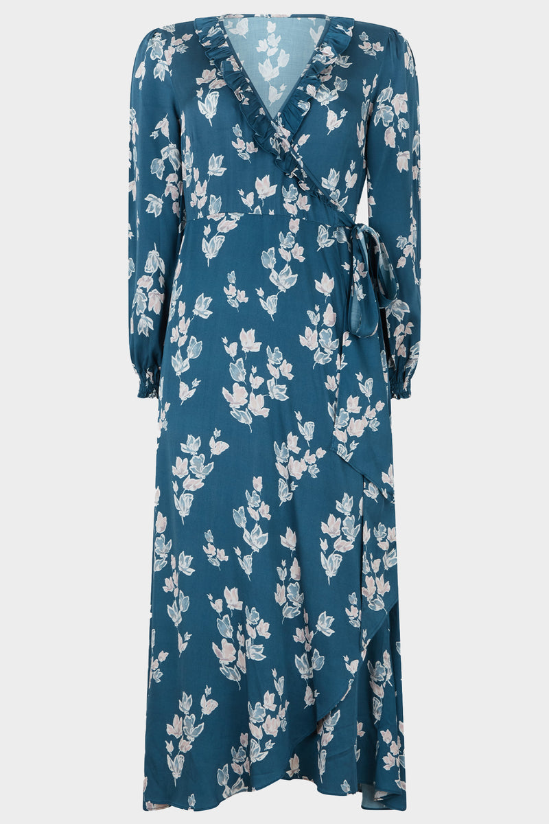 Ana Satin Wrap Dress | Falling Leaves Teal