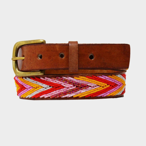 Aspiga Sustainable Maasai Arrow Leather Belt Pink Orange Glass