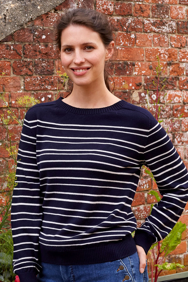 Striped Merino Wool Crew Neck Sweater | Navy/ Cream