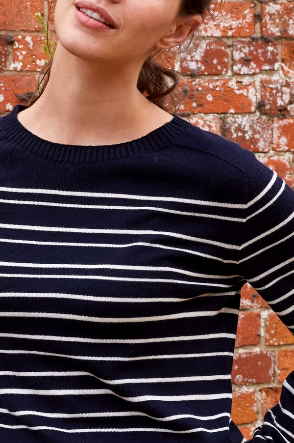 Striped Merino Wool Crew Neck Sweater | Navy/ Cream